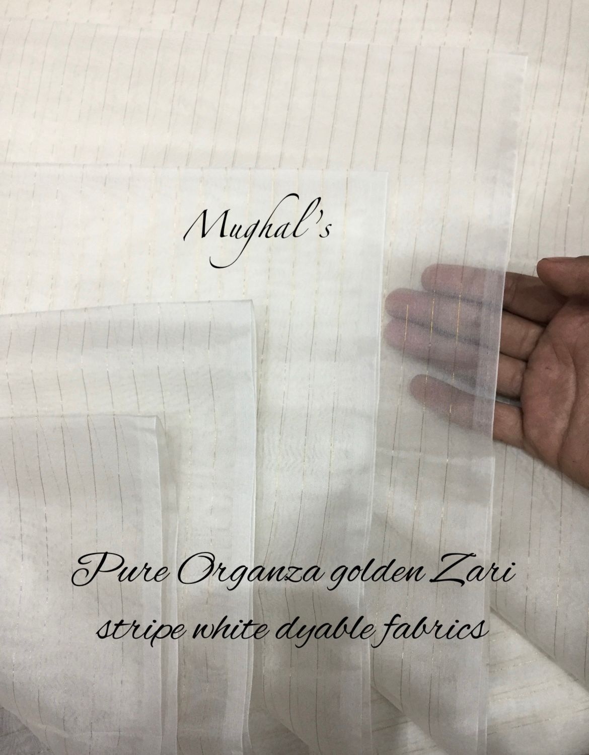 Pure organza golden zari stripe white dyable fabrics