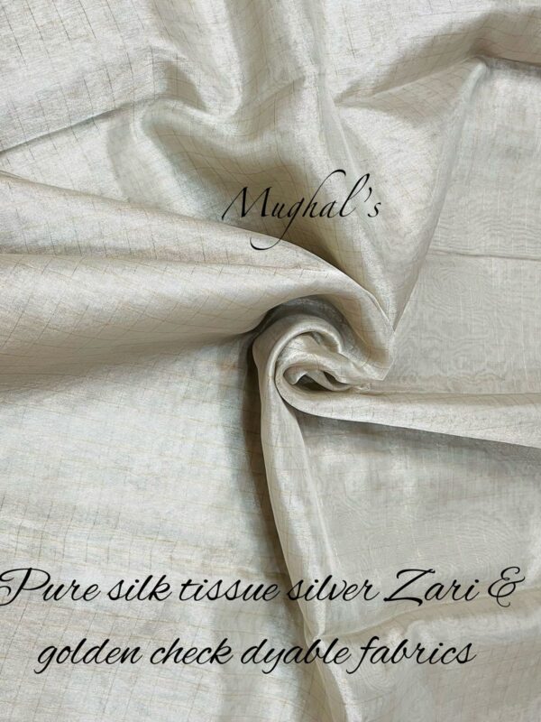 Pure silk tissue silver zari & golden check dyable fabrics