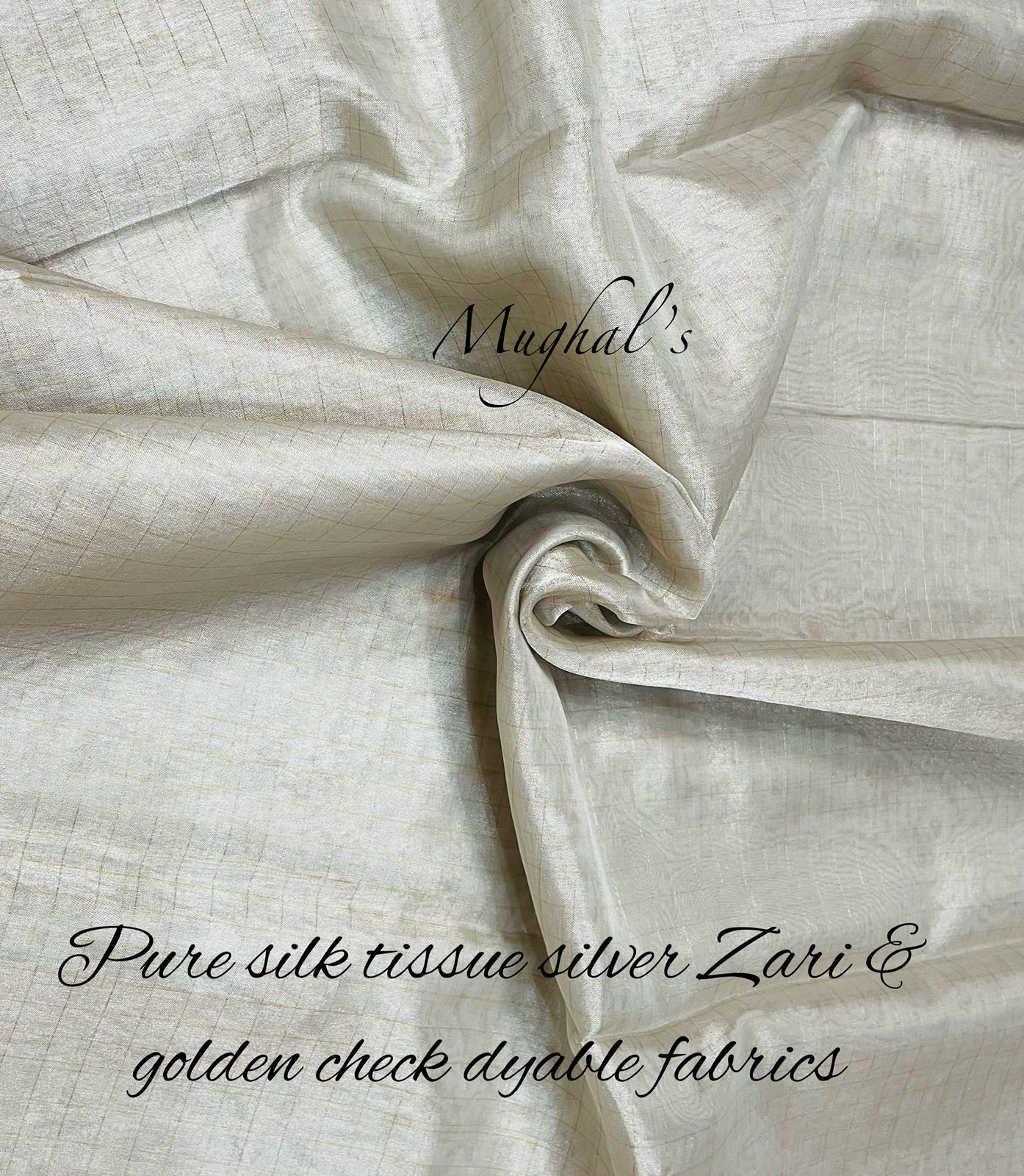 Pure silk tissue silver zari & golden check dyable fabrics