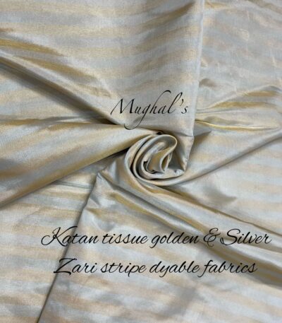 Katan Tissue Golden & Silver Zari Stripe Dyable Fabrics