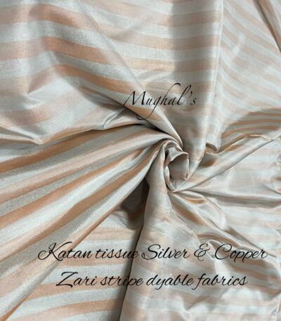 Katan Tissue Silver & Copper Zari Stripe Dyable Fabrics