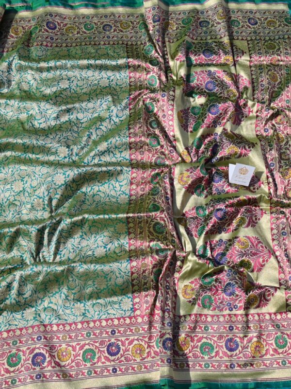 Pure Silk Katan Panch meena Saree Blue Green Combination