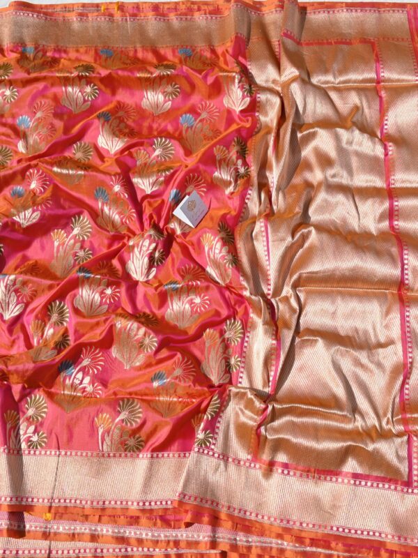 Pure Silk Katan Panch meena Saree Yellowish Pink Combination