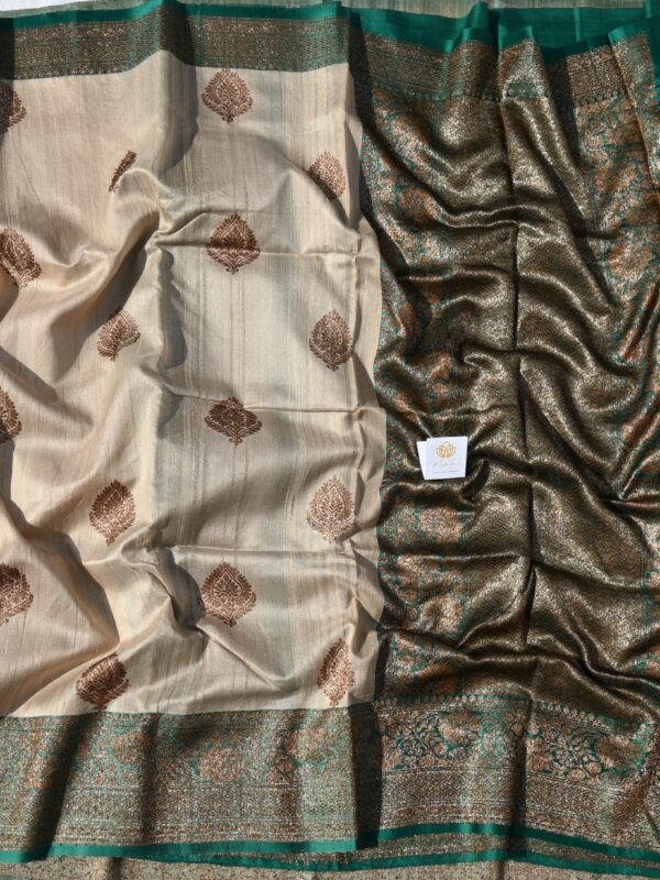 Pure Silk Muga Natural Light Brown & Bottle Green By Handloom