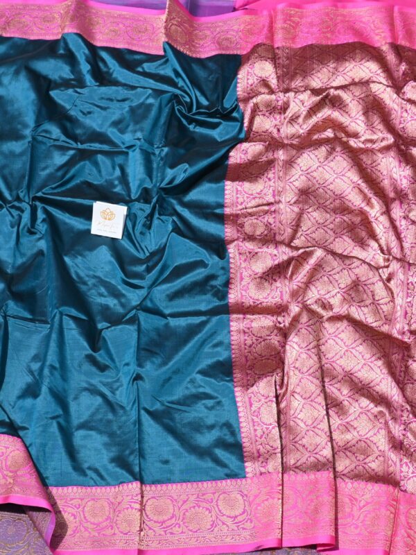 Pure Silk Katan Dark Sky Blue & Pink Saree By Handloom