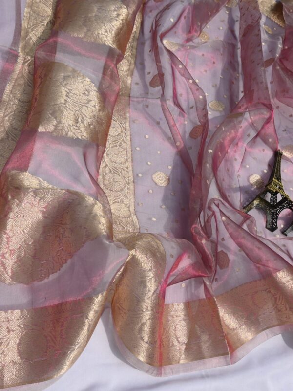 Pure Silk Tissue Dupatta Pink Zari Body & Gold Zari booti Designs