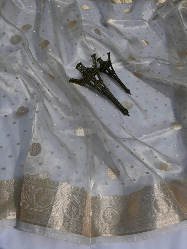 Pure Silk Tissue Dupatta Silver Zari Body & Gold Zari With Booti Designs